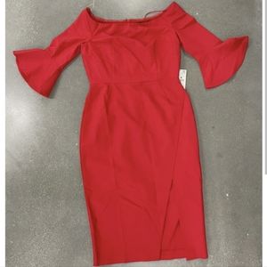 Zara Simple Red Off The Shoulder Pencil Dress with Bell Sleeves Size XS NEW!